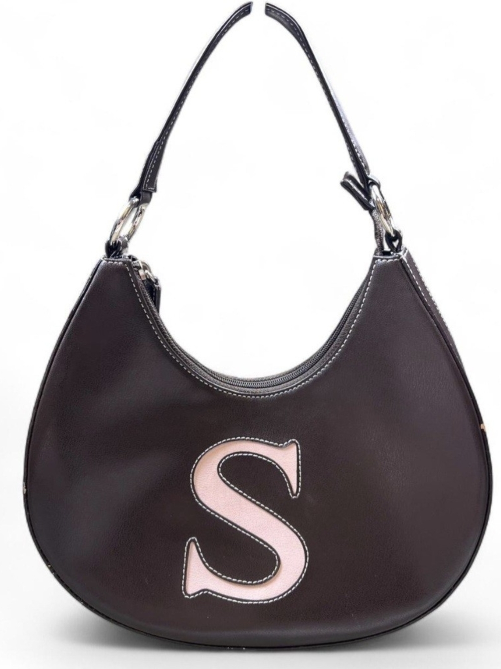 Women’s Chocolate Brown Shoulder Bag with Pink 'S' Accent